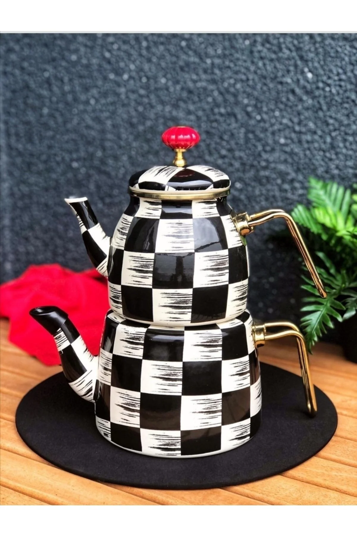 Alt Üst Emaye Çaydanlık Takımı Dama Dekor