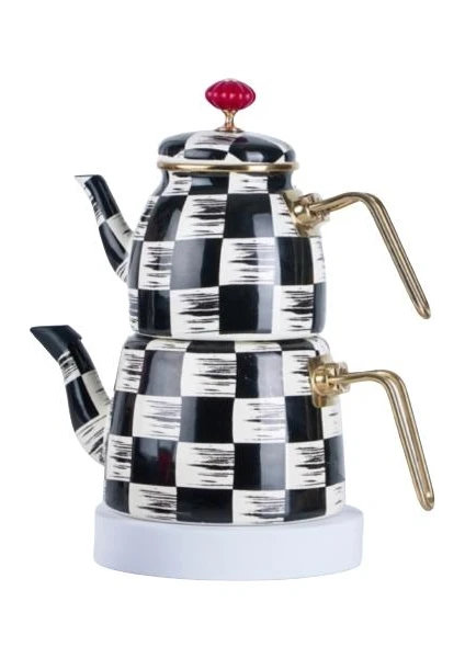 Alt Üst Emaye Çaydanlık Takımı Dama Dekor - Görsel 2